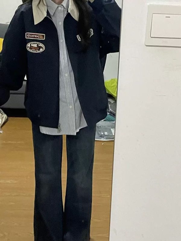 Plus Size American Retro Embroidered Patch Color-Blocking Lapel Jacket for Women - Spring Autumn Baseball Style for Curvy Fits