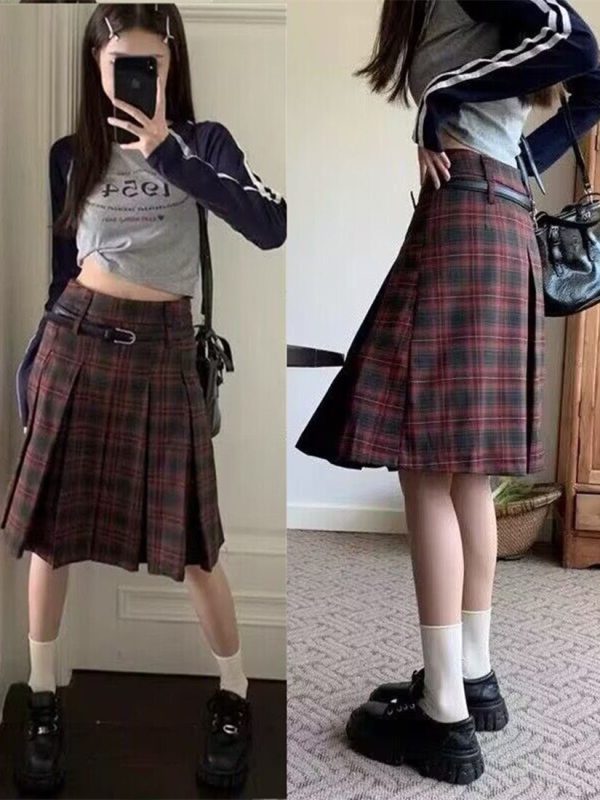 Plus Size American Retro Plaid Pleated Skirt for Women - Mid-Length Red Checkered Spring Summer Fashion