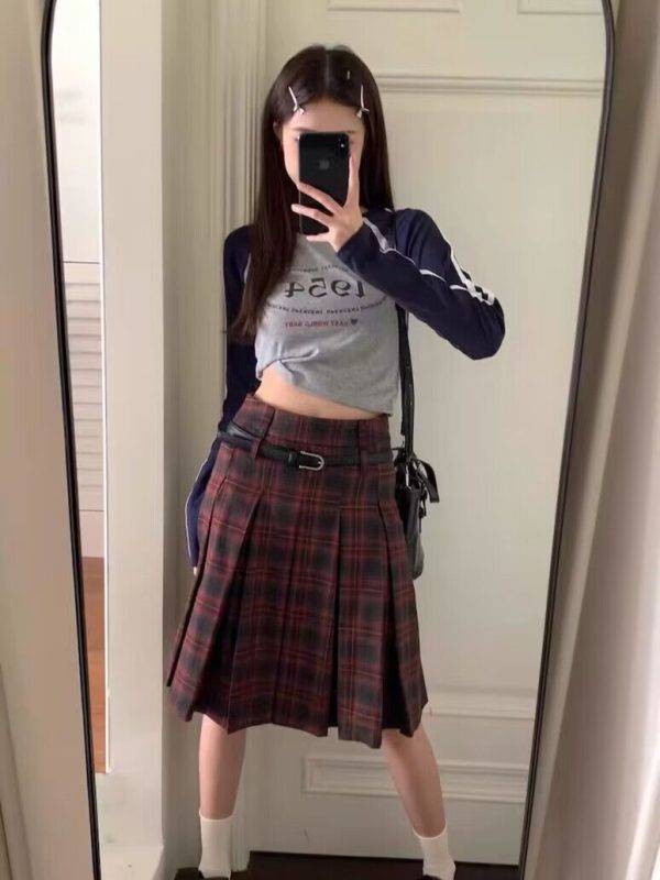 Plus Size American Retro Plaid Pleated Skirt for Women - Mid-Length Red Checkered Spring Summer Fashion