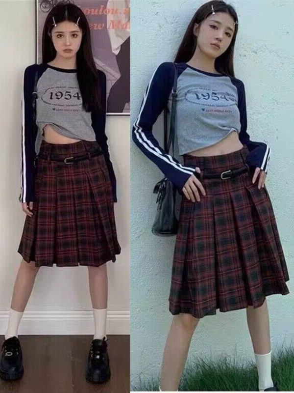 Plus Size American Retro Plaid Pleated Skirt for Women - Mid-Length Red Checkered Spring Summer Fashion