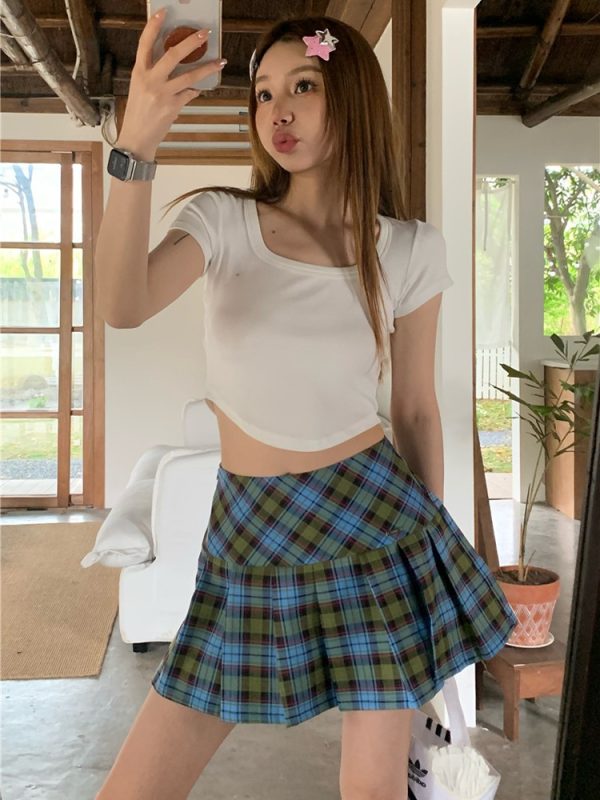 Plus Size American Retro Plaid Skirt Pants for Women, High-Waisted Bodycon A-Line Summer Skirt with Slit and Pleats