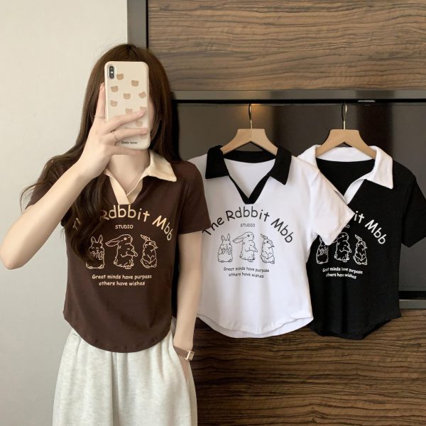 Plus Size American Retro Short Sleeve Polo Collar V-Neck Cropped T-Shirt for Women - Flattering Summer Top for Curvy Figures