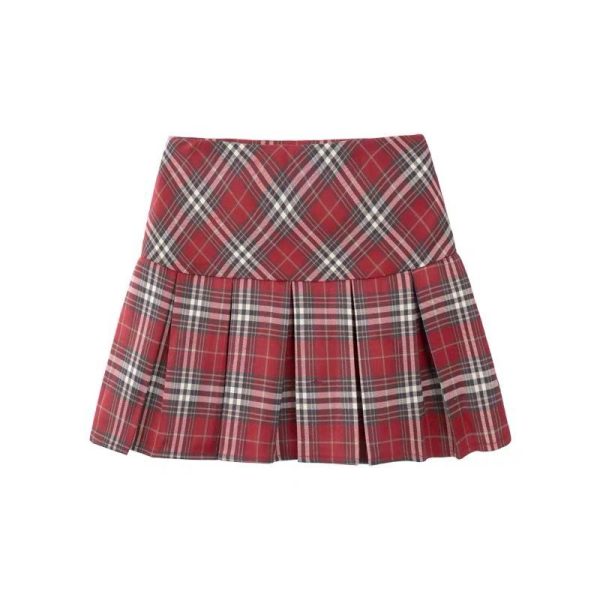 Plus Size American Style Red Plaid Pleated Skirt for Women - High Waist A-Line JK Skirt for Spring Summer 2024 Fashion.