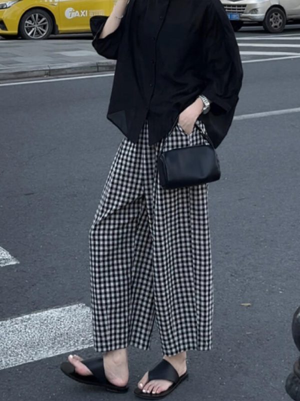 Plus Size Black and White Checkered Wide-Leg Pants for Women - Loose High-Waisted Trousers for Petite Sizes, 2025 Trend