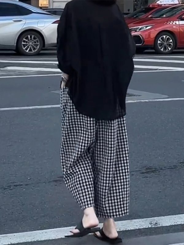 Plus Size Black and White Checkered Wide-Leg Pants for Women - Loose High-Waisted Trousers for Petite Sizes, 2025 Trend