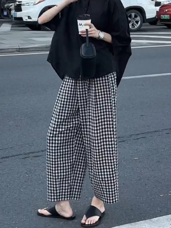 Plus Size Black and White Checkered Wide-Leg Pants for Women - Loose High-Waisted Trousers for Petite Sizes, 2025 Trend