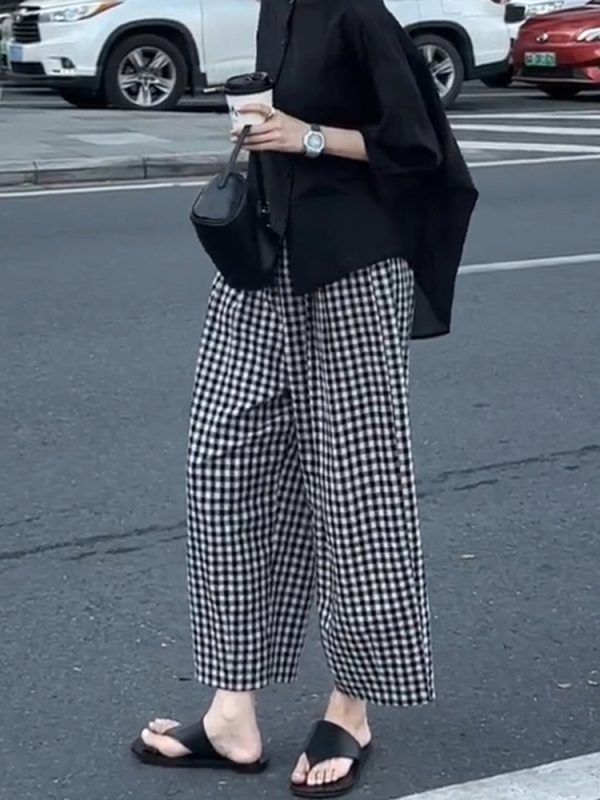Plus Size Black and White Checkered Wide-Leg Pants for Women - Loose High-Waisted Trousers for Petite Sizes, 2025 Trend
