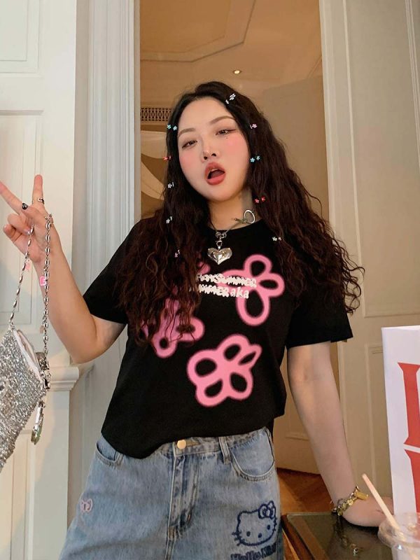 Plus Size Black Short-Sleeve T-Shirt for Women - 2025 Spring/Summer Shoulder-Detail Base Top, Casual Fashion Essential
