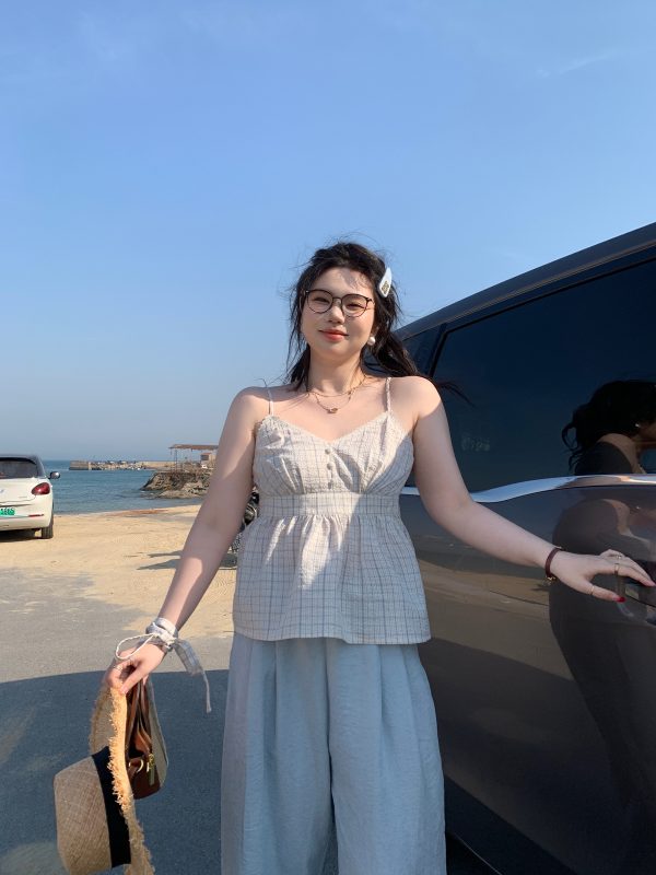 Plus Size Blue Plaid Bubble Cotton Camisole - Retro Korean Style Summer Top for Slightly Chubby Girls