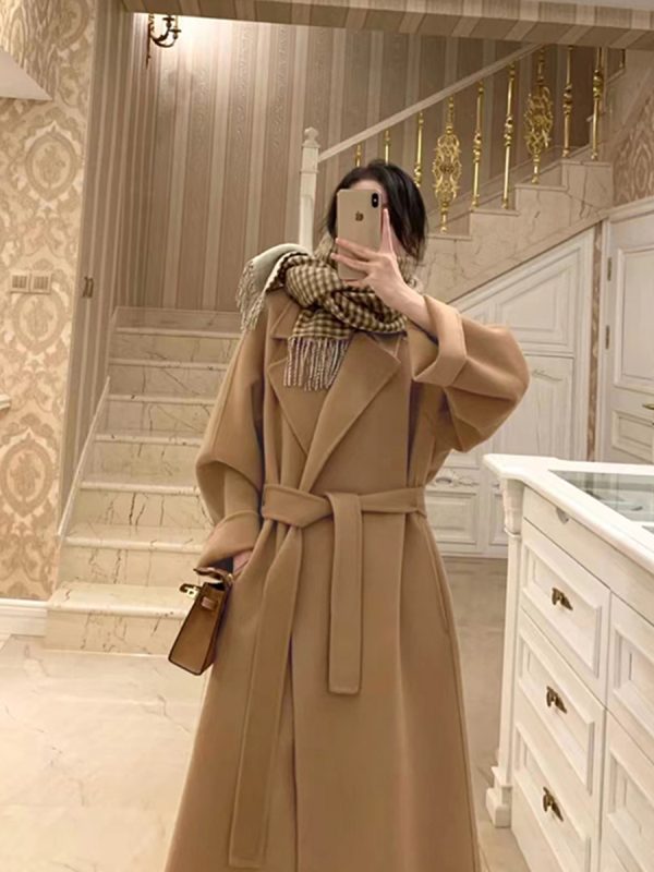 Plus-Size Camel Cashmere Coat for Women, Mid-Length Double-Sided Wool Outerwear, 2024 Autumn Winter Hepburn Style