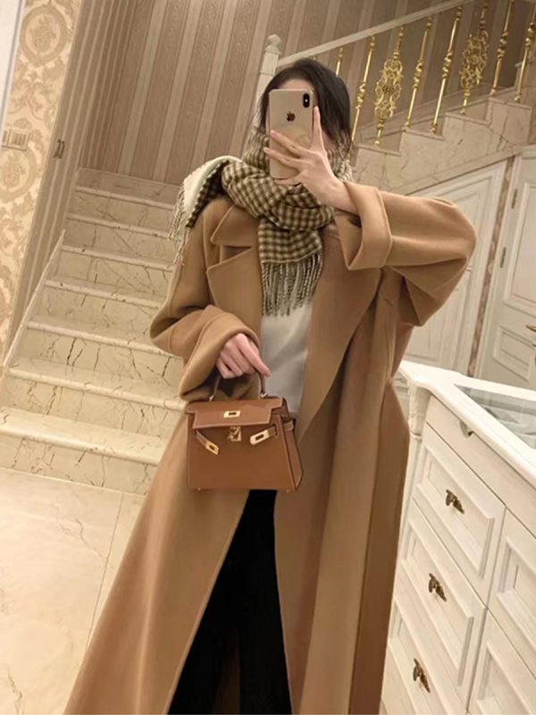 Plus-Size Camel Cashmere Coat for Women, Mid-Length Double-Sided Wool Outerwear, 2024 Autumn Winter Hepburn Style