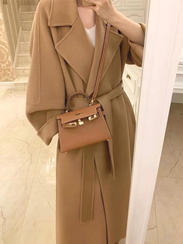 Plus-Size Camel Cashmere Coat for Women, Mid-Length Double-Sided Wool Outerwear, 2024 Autumn Winter Hepburn Style