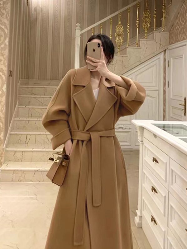 Plus-Size Camel Cashmere Coat for Women, Mid-Length Double-Sided Wool Outerwear, 2024 Autumn Winter Hepburn Style