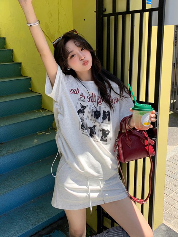 Plus-Size Cartoon Print Drawstring Short-Sleeve T-Shirt and High-Waisted Skirt Two-Piece Set - Trendy Summer Outfit for Women