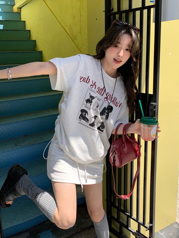 Plus-Size Cartoon Print Drawstring Short-Sleeve T-Shirt and High-Waisted Skirt Two-Piece Set - Trendy Summer Outfit for Women