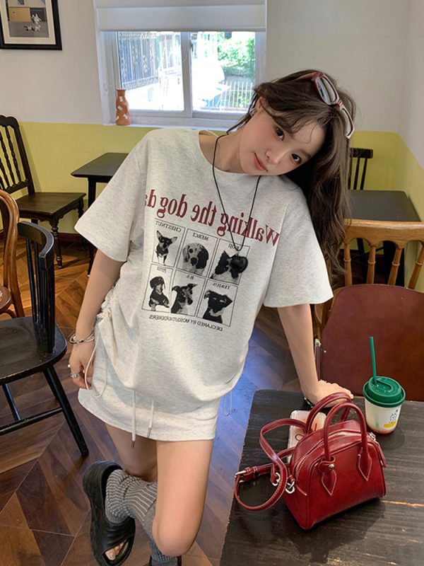 Plus-Size Cartoon Print Drawstring Short-Sleeve T-Shirt and High-Waisted Skirt Two-Piece Set - Trendy Summer Outfit for Women
