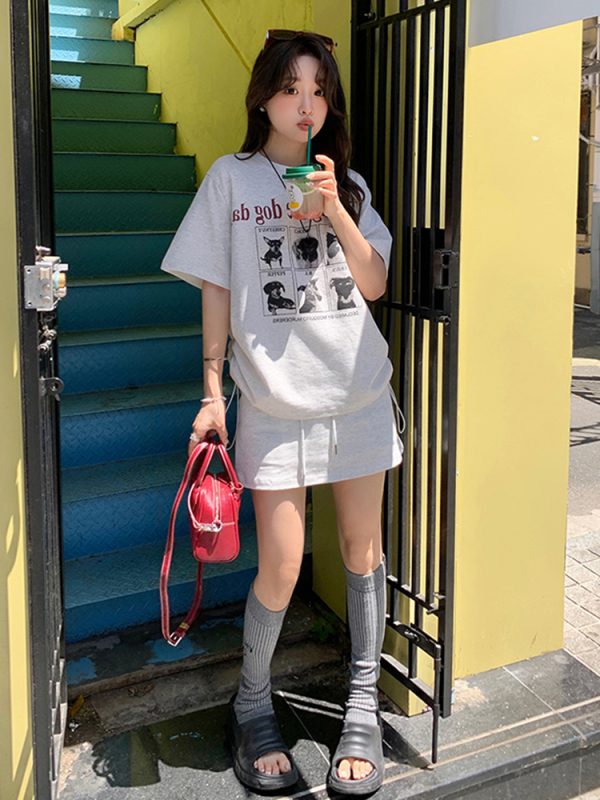 Plus-Size Cartoon Print Drawstring Short-Sleeve T-Shirt and High-Waisted Skirt Two-Piece Set - Trendy Summer Outfit for Women