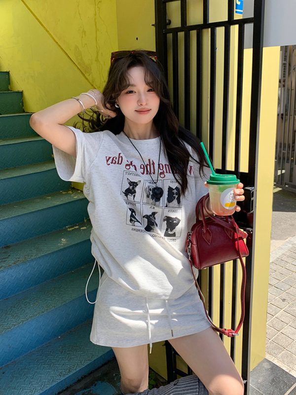 Plus-Size Cartoon Print Drawstring Short-Sleeve T-Shirt and High-Waisted Skirt Two-Piece Set - Trendy Summer Outfit for Women