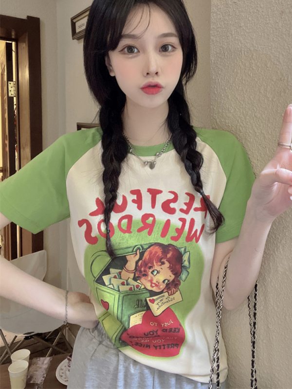 Plus Size Cartoon Printed Short Sleeve T-Shirt for Women - Summer American Sweet and Spicy Style, Loose Fit, Belly Covering, Age-Reducing Top