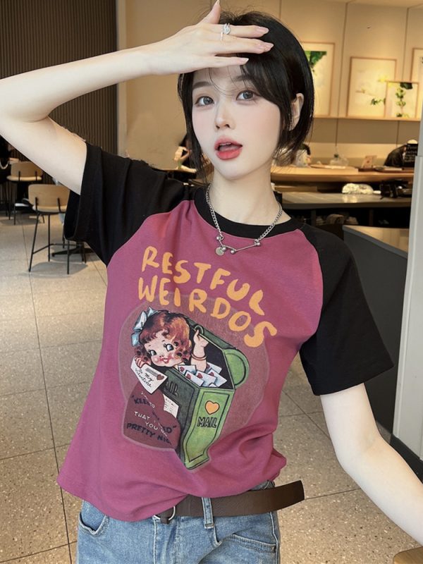 Plus Size Cartoon Printed Short Sleeve T-Shirt for Women - Summer American Sweet and Spicy Style, Loose Fit, Belly Covering, Age-Reducing Top