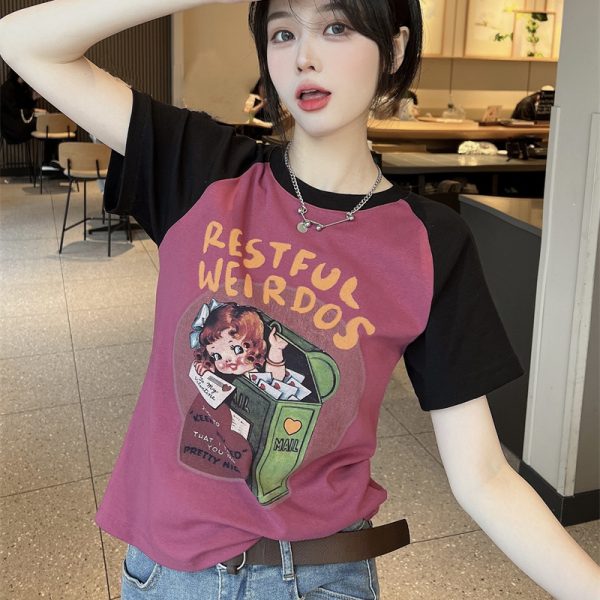 Plus Size Cartoon Printed Short Sleeve T-Shirt for Women - Summer American Sweet and Spicy Style, Loose Fit, Belly Covering, Age-Reducing Top