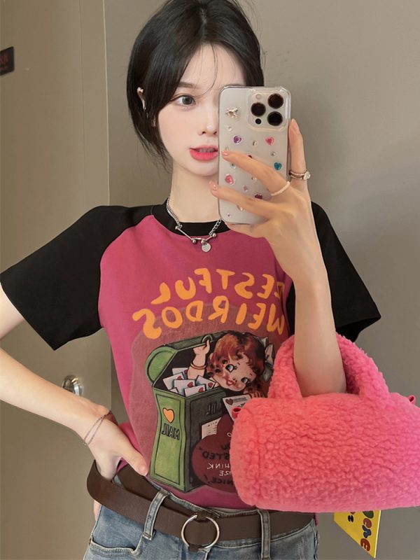 Plus Size Cartoon Printed Short Sleeve T-Shirt for Women - Summer American Sweet and Spicy Style, Loose Fit, Belly Covering, Age-Reducing Top