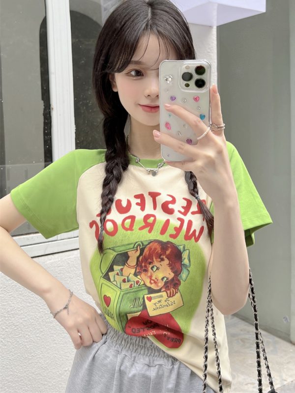 Plus Size Cartoon Printed Short Sleeve T-Shirt for Women - Summer American Sweet and Spicy Style, Loose Fit, Belly Covering, Age-Reducing Top