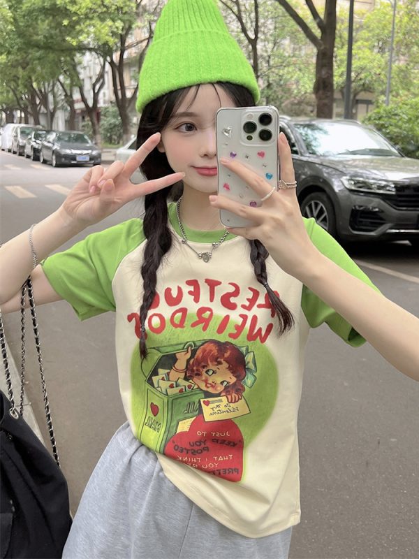 Plus Size Cartoon Printed Short Sleeve T-Shirt for Women - Summer American Sweet and Spicy Style, Loose Fit, Belly Covering, Age-Reducing Top