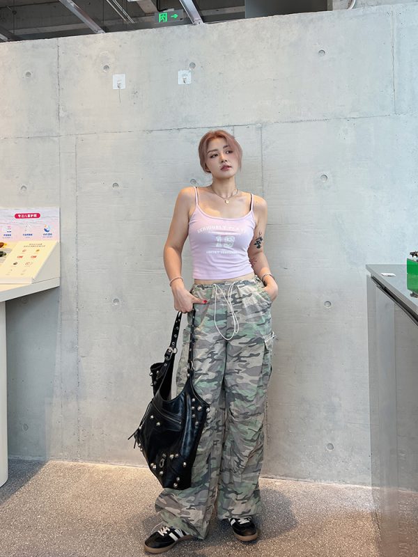 Plus Size Casual American Camouflage Wide-Leg Pants with Elastic Waist and Drawstring - Trendy Autumn Loose Cuffed Trousers