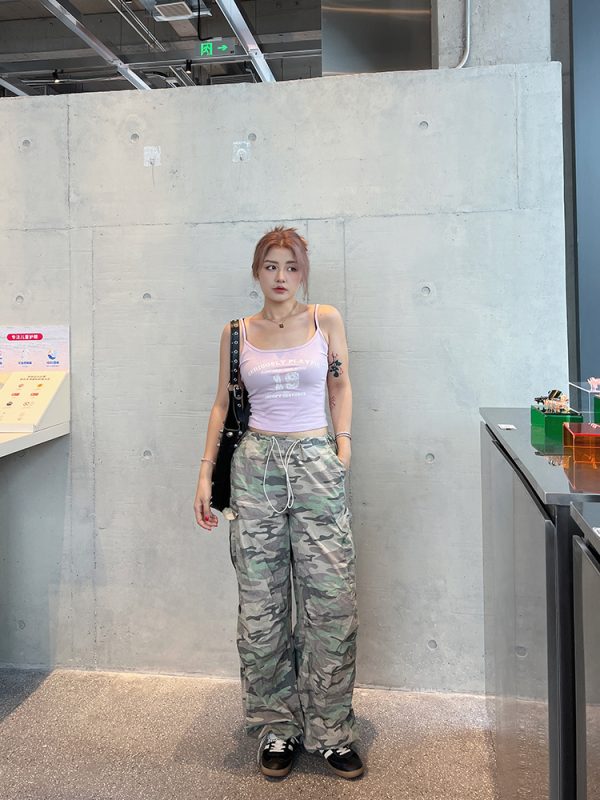 Plus Size Casual American Camouflage Wide-Leg Pants with Elastic Waist and Drawstring - Trendy Autumn Loose Cuffed Trousers