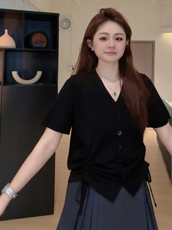 Plus Size Casual Loose Summer T-Shirt for Women, Slimming Drawstring Pleated V-Neck, Short Sleeve, Comfortable and Stylish Top