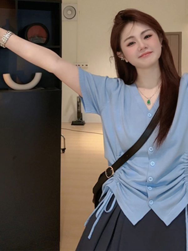 Plus Size Casual Loose Summer T-Shirt for Women, Slimming Drawstring Pleated V-Neck, Short Sleeve, Comfortable and Stylish Top