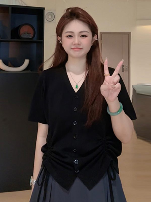 Plus Size Casual Loose Summer T-Shirt for Women, Slimming Drawstring Pleated V-Neck, Short Sleeve, Comfortable and Stylish Top