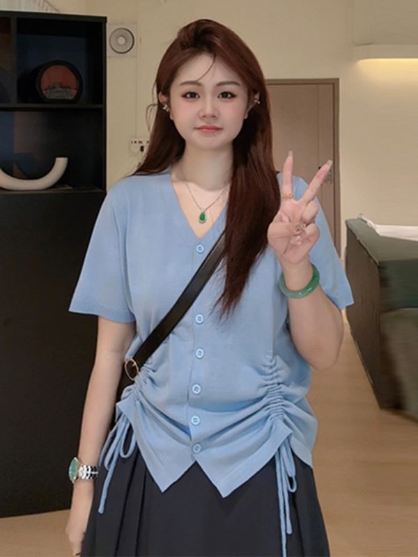 Plus Size Casual Loose Summer T-Shirt for Women, Slimming Drawstring Pleated V-Neck, Short Sleeve, Comfortable and Stylish Top