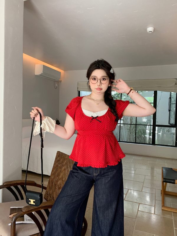 Plus Size Chiffon Blouse for Young Girls - Red Polka Dot Short Sleeve Wave Edge Pullover Shirt