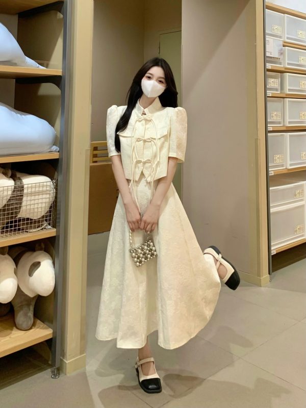 Plus-Size Chinese Style Short Sleeve Jacket for Women, Slimming High-Waisted Retro Half-Length Dress, Elegant National Wind Fashion