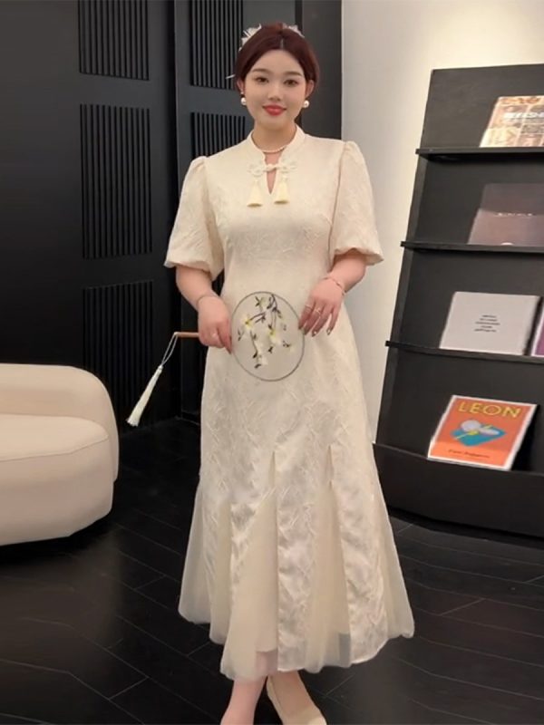 Plus-Size Chinese Style Summer Qipao Dress, Retro Mesh Splicing Skirt, Slimming National Wind Design for Plump Figures