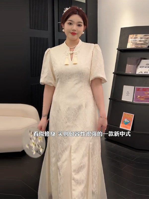 Plus-Size Chinese Style Summer Qipao Dress, Retro Mesh Splicing Skirt, Slimming National Wind Design for Plump Figures