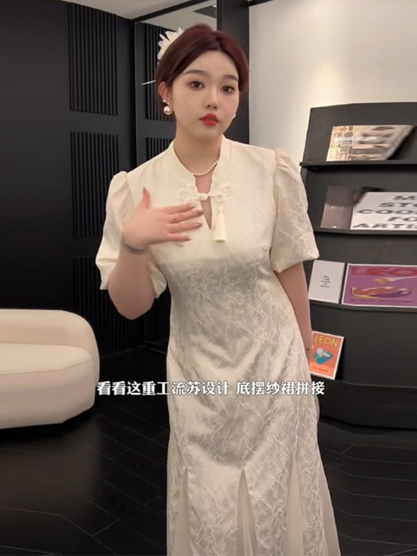Plus-Size Chinese Style Summer Qipao Dress, Retro Mesh Splicing Skirt, Slimming National Wind Design for Plump Figures