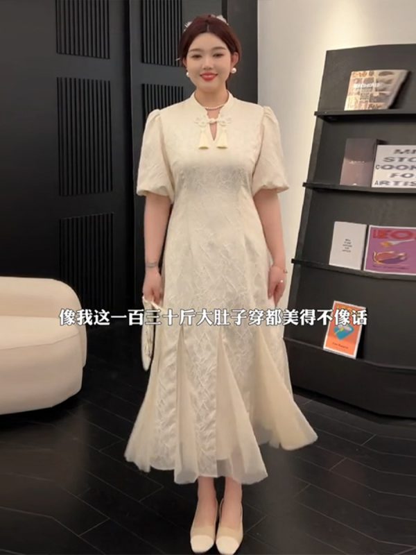 Plus-Size Chinese Style Summer Qipao Dress, Retro Mesh Splicing Skirt, Slimming National Wind Design for Plump Figures