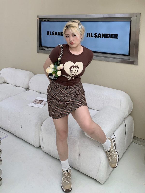 Plus-Size Color-Blocking Plaid Half-Length Skirt - American Style Sweet & Spicy Design, Comfortable & Slimming Fit