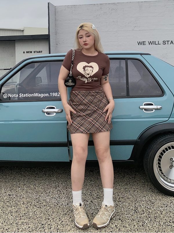 Plus-Size Color-Blocking Plaid Half-Length Skirt - American Style Sweet & Spicy Design, Comfortable & Slimming Fit