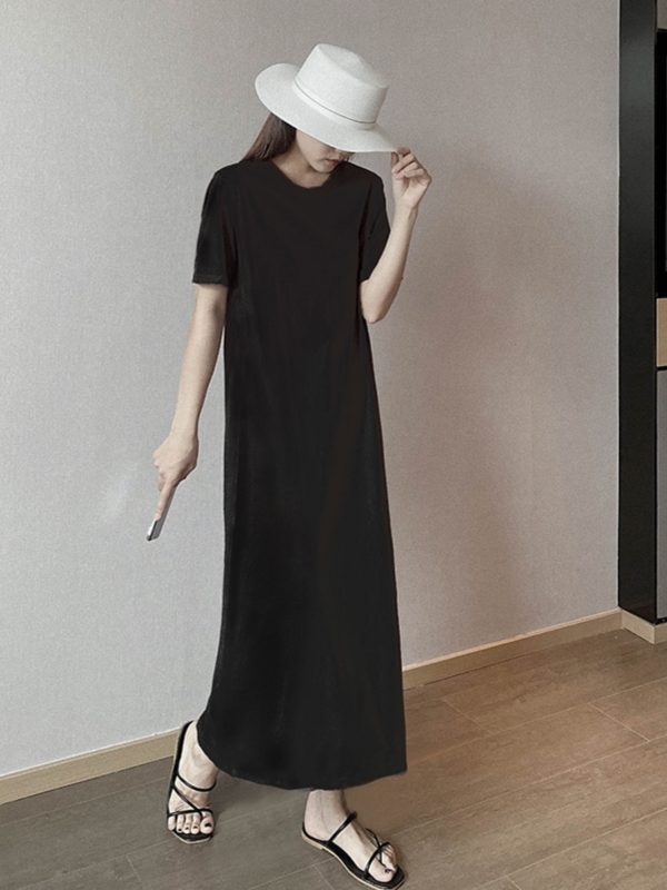 Plus Size Cotton Round Neck Mid-Length Dress, Loose Fit Short Sleeve & Long Sleeve, Slimming Straight Skirt for Spring & Summer