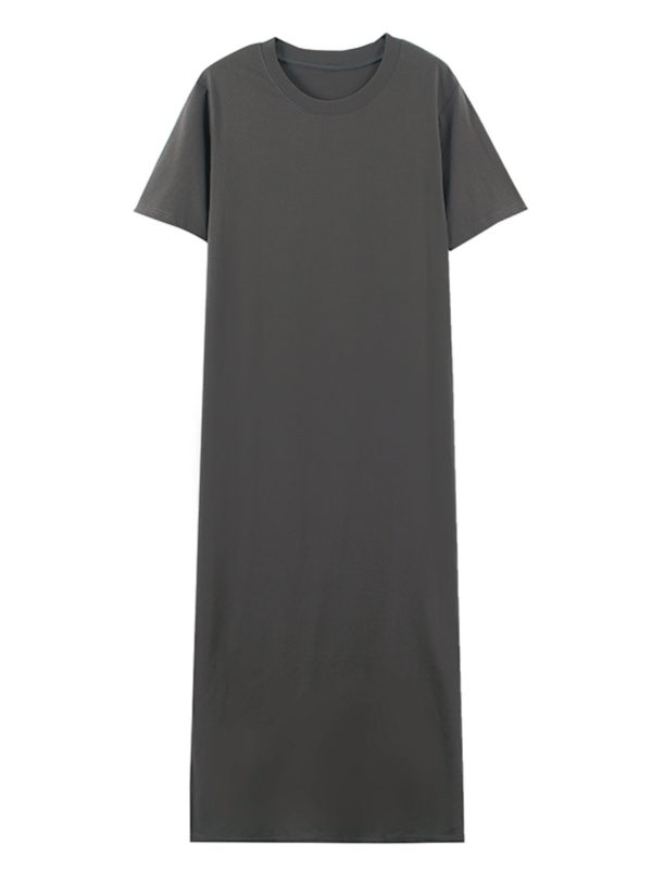Plus Size Cotton Round Neck Mid-Length Dress, Loose Fit Short Sleeve & Long Sleeve, Slimming Straight Skirt for Spring & Summer