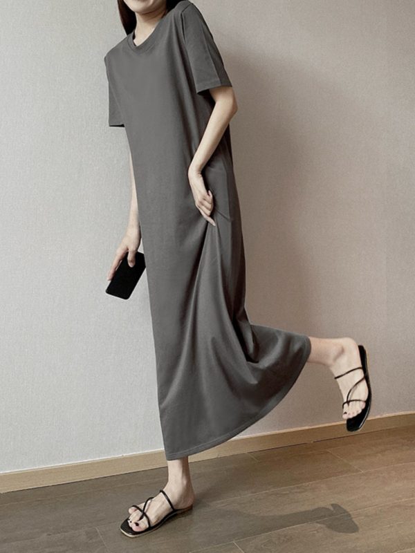 Plus Size Cotton Round Neck Mid-Length Dress, Loose Fit Short Sleeve & Long Sleeve, Slimming Straight Skirt for Spring & Summer