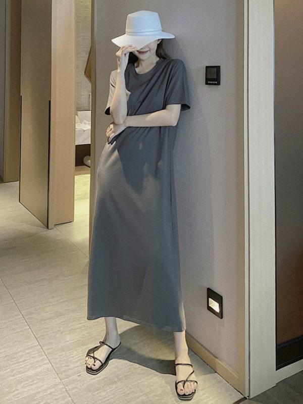 Plus Size Cotton Round Neck Mid-Length Dress, Loose Fit Short Sleeve & Long Sleeve, Slimming Straight Skirt for Spring & Summer