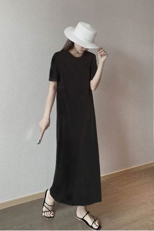 Plus Size Cotton Round Neck Mid-Length Dress, Loose Fit Short Sleeve & Long Sleeve, Slimming Straight Skirt for Spring & Summer