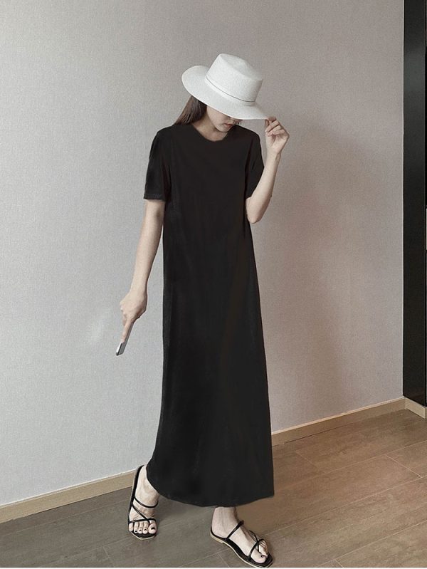 Plus Size Cotton Round Neck Mid-Length Dress, Loose Fit Short Sleeve & Long Sleeve, Slimming Straight Skirt for Spring & Summer