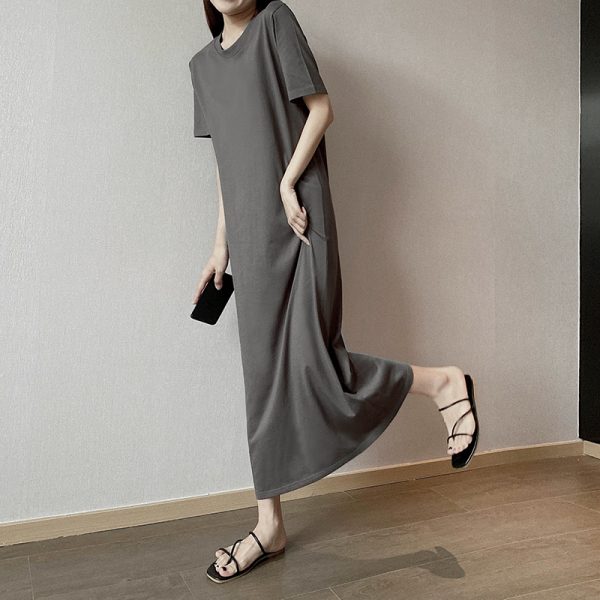 Plus Size Cotton Round Neck Mid-Length Dress, Loose Fit Short Sleeve & Long Sleeve, Slimming Straight Skirt for Spring & Summer