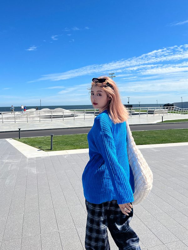 Plus Size Cropped Blue Slouchy Knit Sweater with Asymmetrical Neck - Lazy Style Slimming Fashion for 2024
